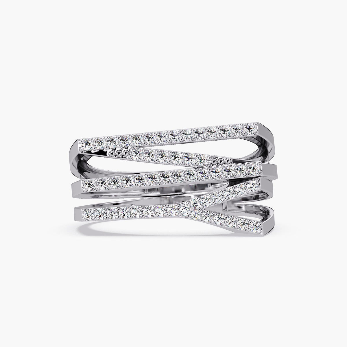 14K white gold NY initial ring with four flat, overlapping bands. Each band is set with small round natural diamonds forming the letters N and Y in a crisscross pattern. The ring has a polished finish and a bold, structured design.