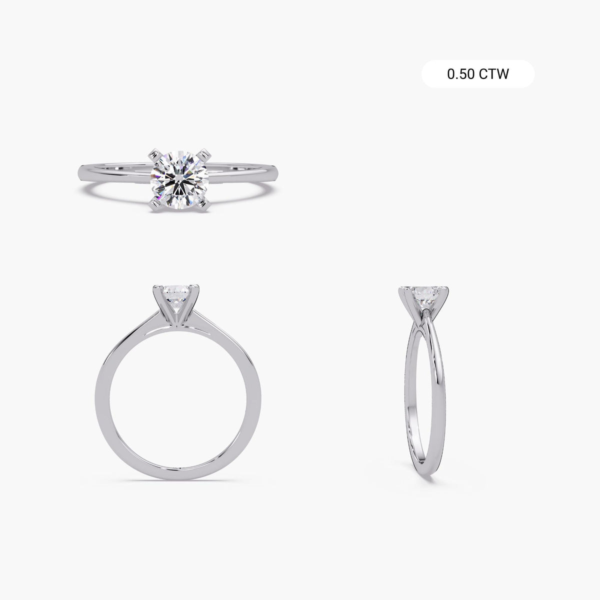 Three-view display of a 0.50 carat lab-grown round diamond solitaire ring in 18K yellow gold. Shown from front, side, and angled views with a white gold prong setting for a classic minimalist engagement style.