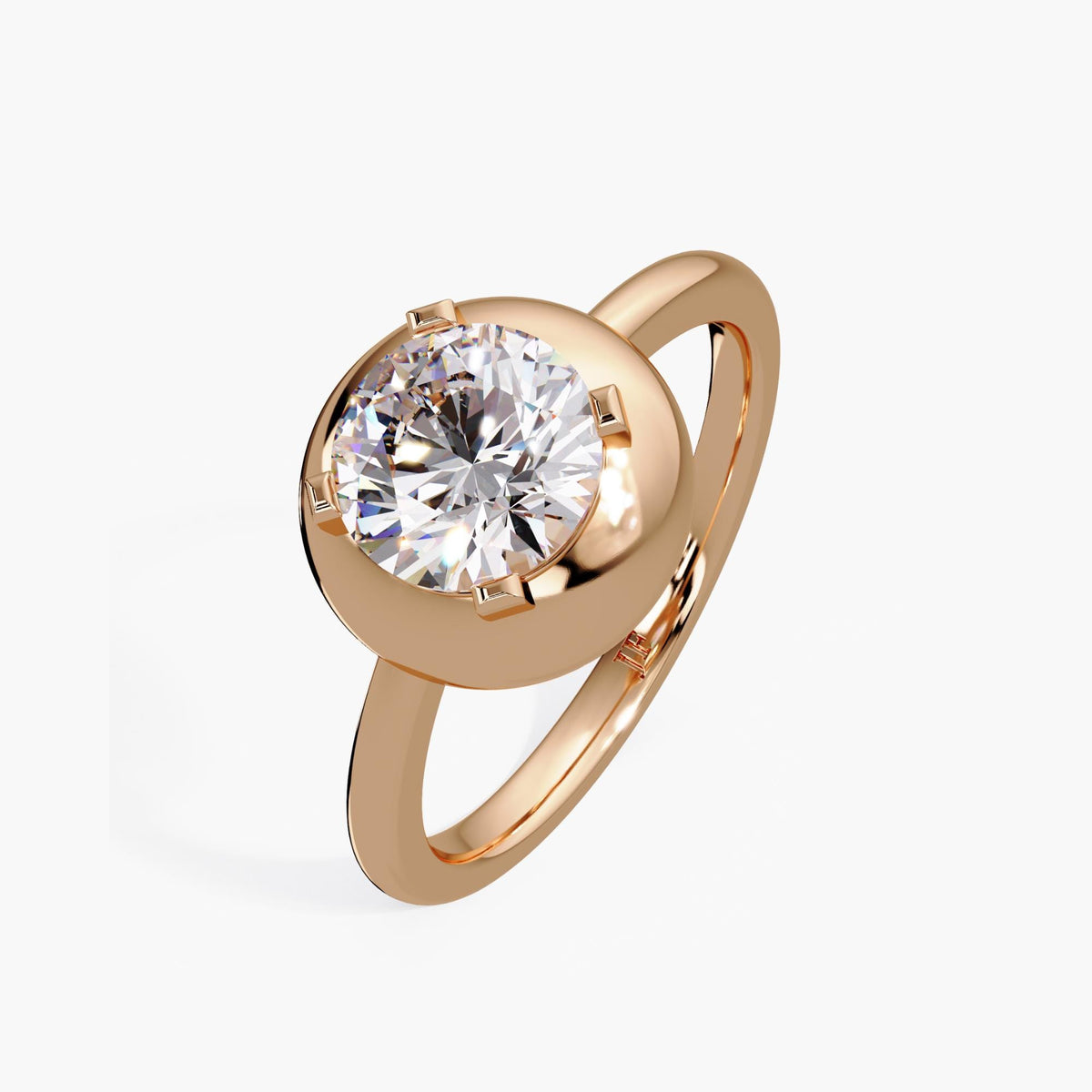 14K rose gold dome button ring with a 1.25 carat lab-grown diamond in prong-accented bezel setting, designed as a bold statement ring or modern engagement ring