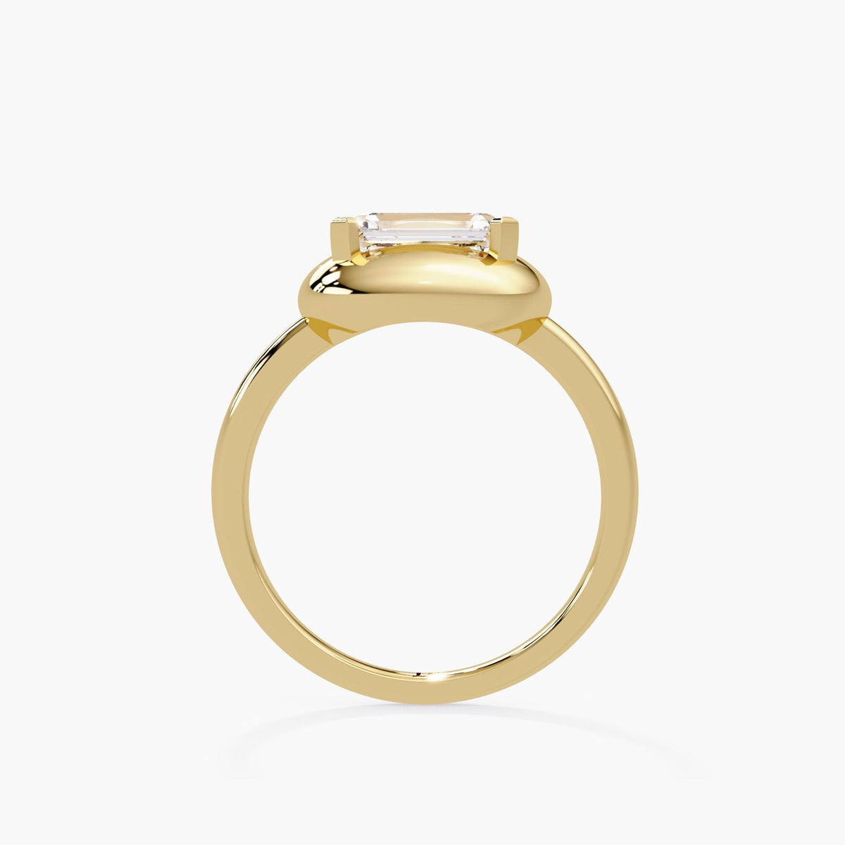 East-west emerald cut diamond bezel ring in 14K yellow gold with 1.60 carat IGI-certified lab diamond and a 2mm shank, bold dome design for modern engagement or statement wear. A meaningful gift for birthdays, anniversaries, or celebrating personal milestones.