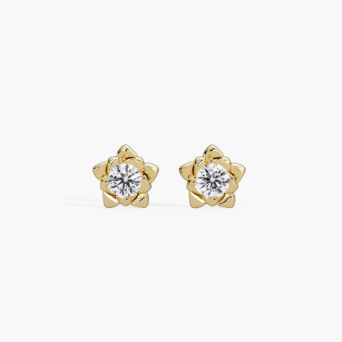 Floral diamond stud earrings in 14K yellow gold featuring round lab-grown diamonds set in a layered petal design. A gift for birthdays, weddings, or everyday wear. Perfect for weddings and summer style