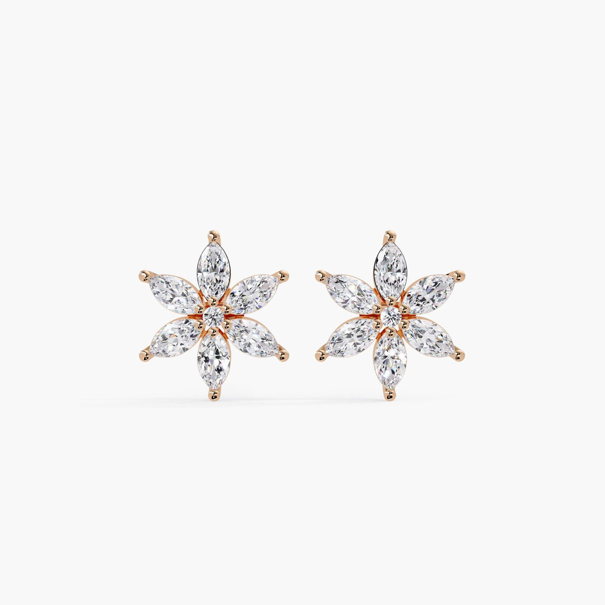 14k rose gold marquise diamond flower stud earrings, featuring six marquise-cut diamonds and a round center stone in a delicate floral cluster design