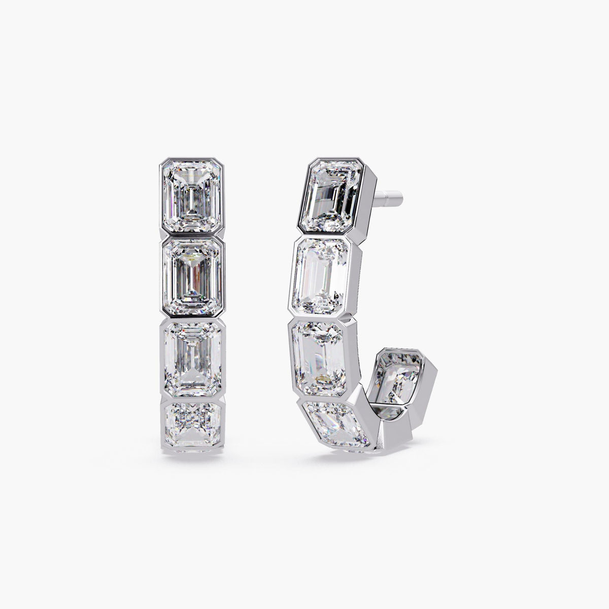 14K white gold J-hoop earrings featuring five emerald-cut lab-grown diamonds in bezel settings.