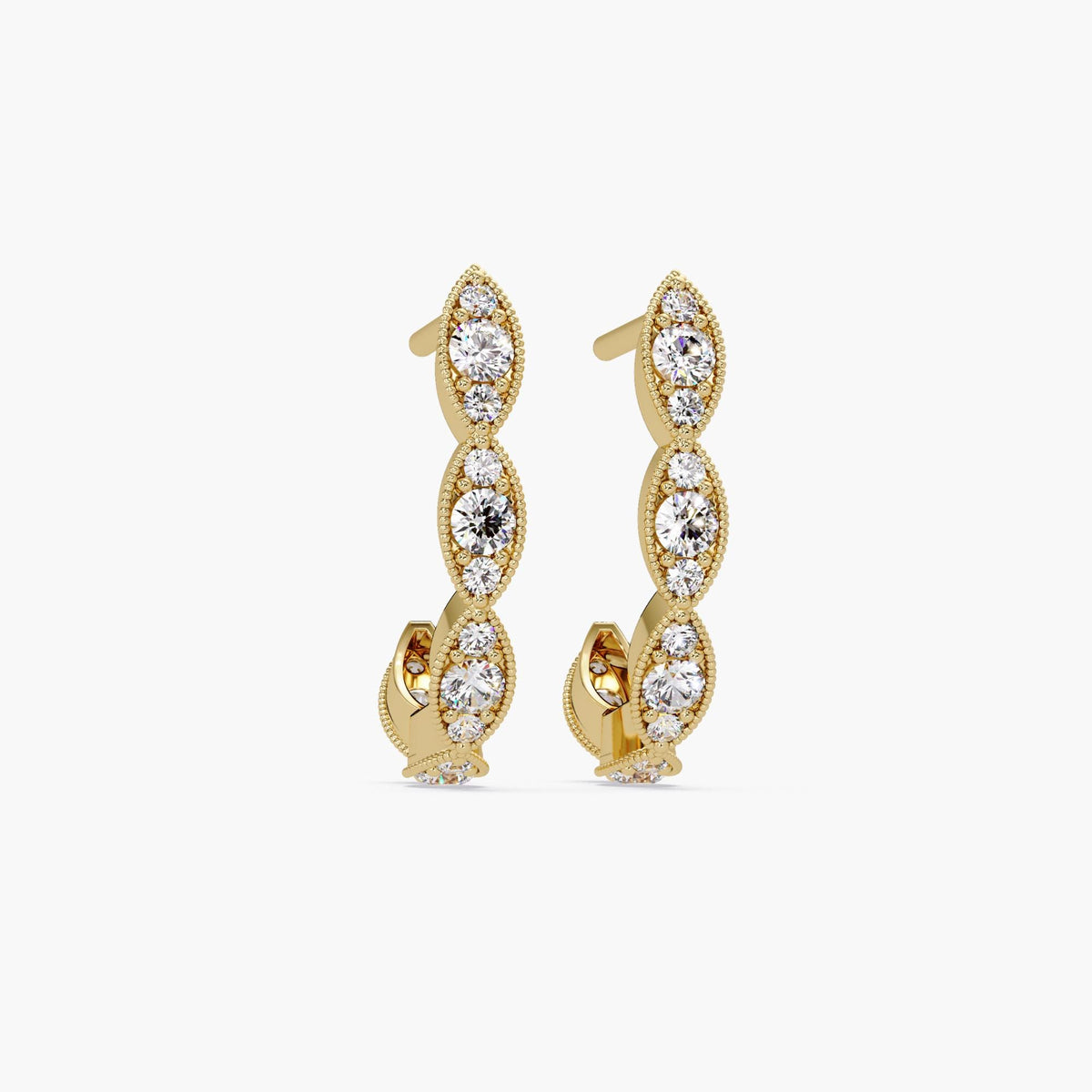 14K yellow gold J-hoop earrings featuring marquise-shaped bezels with lab-grown diamonds and intricate milgrain detailing.