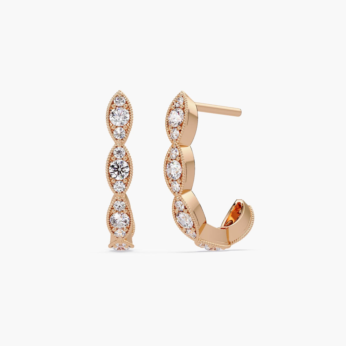 14K rose gold huggie earrings with lab-grown round diamonds set in marquise-shaped bezels, finished with milgrain detailing in a half hoop silhouette.