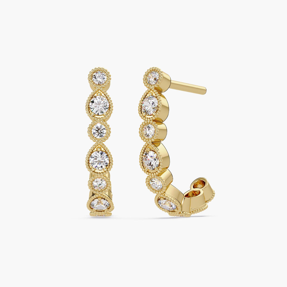 14K yellow gold half hoop earrings with round brilliant lab-grown diamonds (EF color, VS+ clarity), set in teardrop and round milgrain bezels. Art Deco–inspired design ideal for gifting, bridal wear, or everyday sparkle.