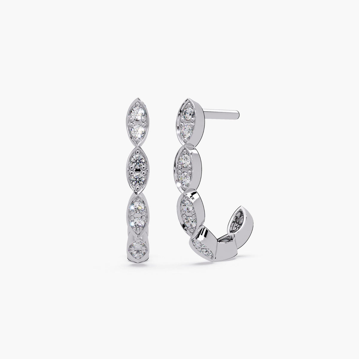 14K white gold huggie hoop earrings with marquise-shaped links, each set with round lab-grown diamonds in pavé setting.