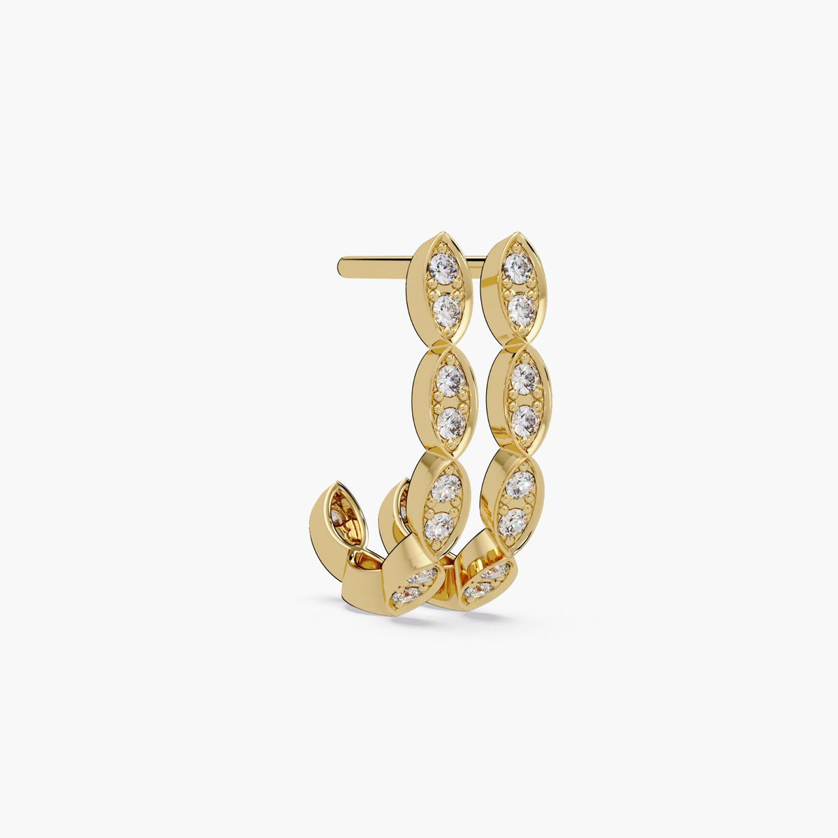 14K yellow gold huggie hoop earrings featuring marquise-shaped links with pavé-set round lab-grown diamonds.