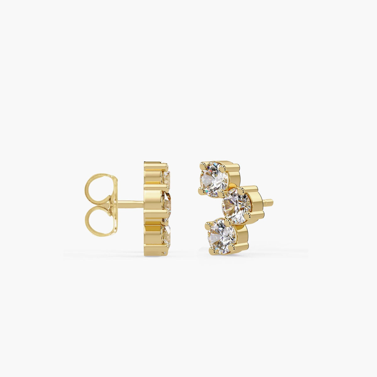 14K yellow gold curved stud earrings with three round lab-grown diamonds and classic push-back closure.