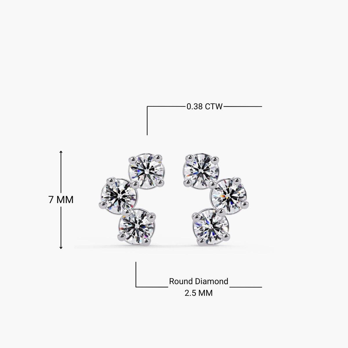 White gold curved three-stone diamond earrings with 2.5mm round lab-grown diamonds, 7mm length, 0.38 CTW total.