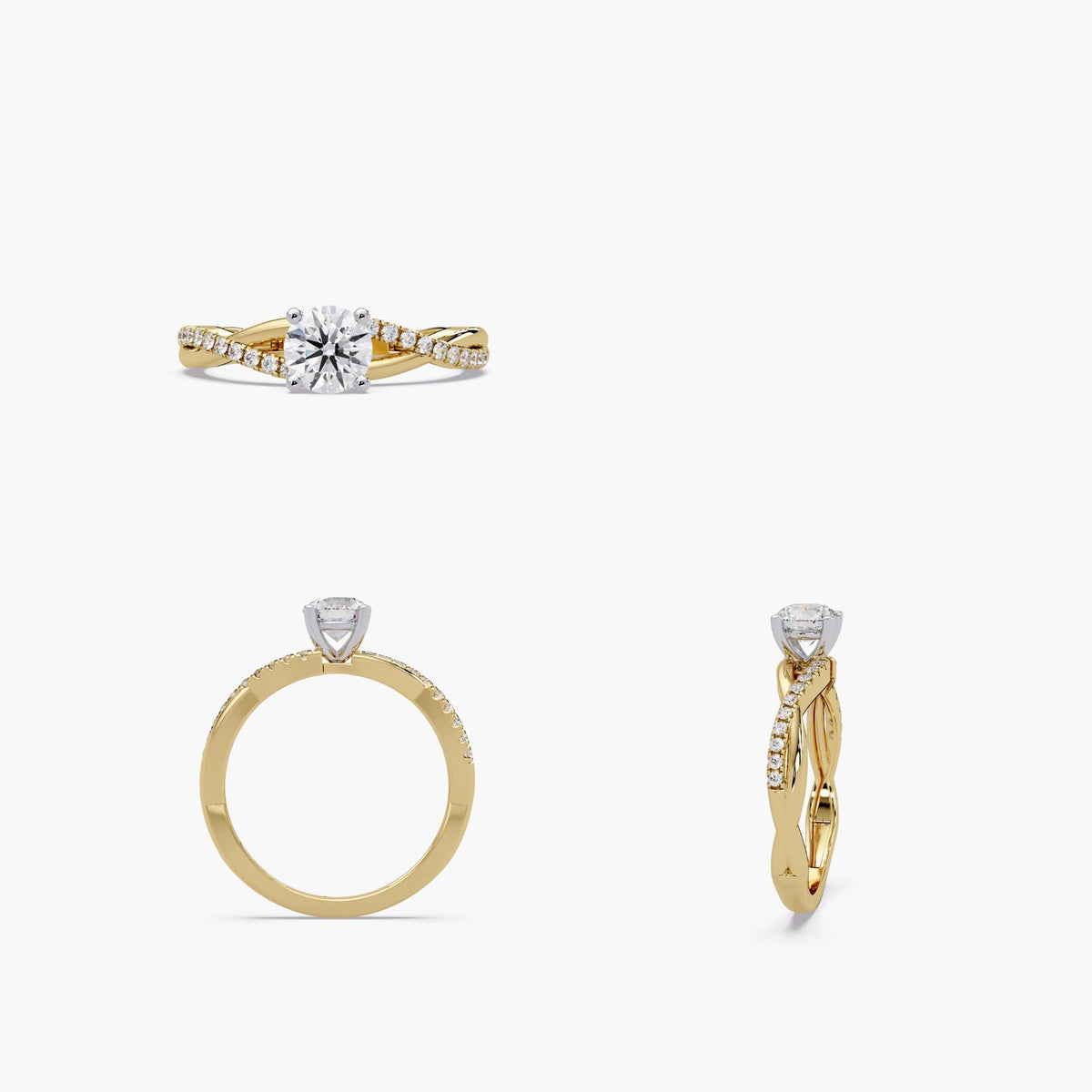 Three views (front, side, and top-down) of an 18K yellow gold twist engagement ring featuring a sparkling round lab-grown diamond centerpiece in a white gold setting. The elegant twisted band is accented with pavé-set diamonds, making it ideal for proposals, engagements, or special milestone celebrations.