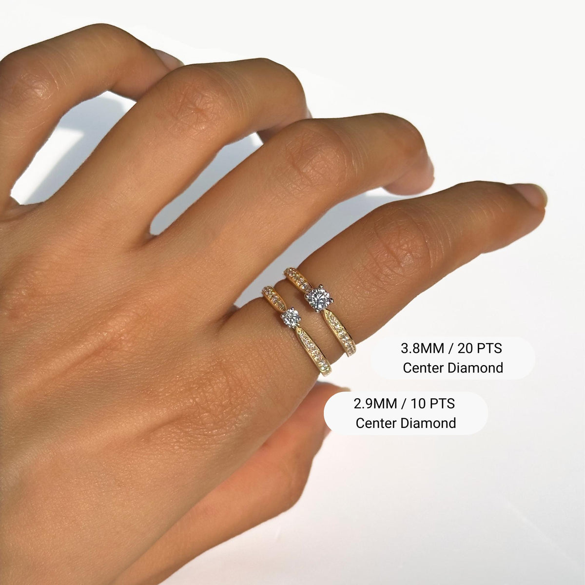 8K gold half eternity rings with round lab-grown diamonds, labeled for size comparison between 2.9mm (10 points) and 3.8mm (20 points) center stones.