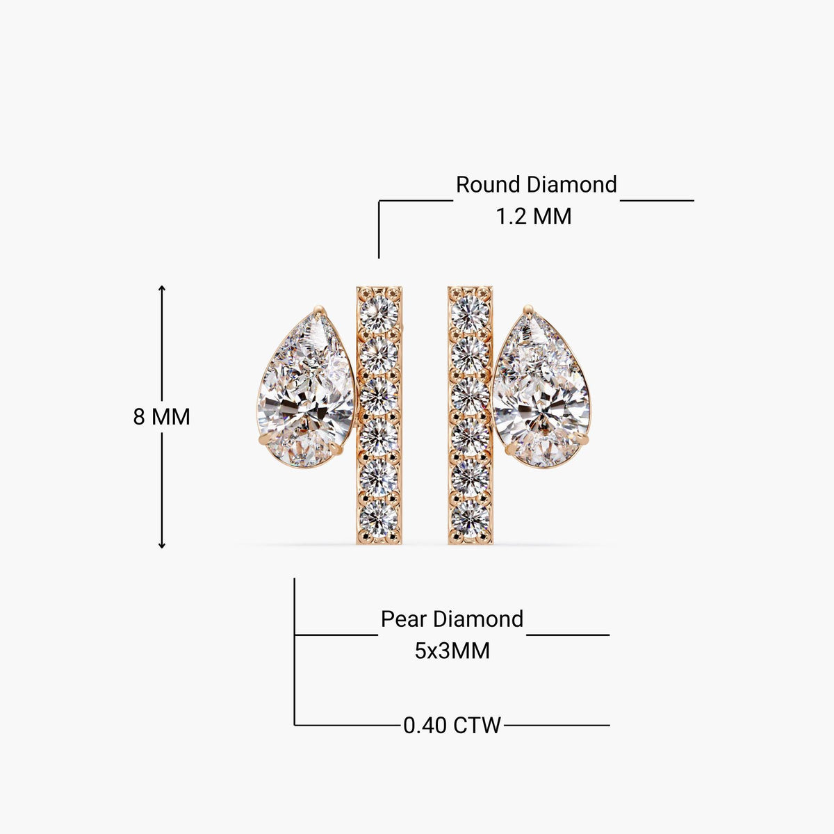 14K gold pear and round diamond bar stud earrings with 8MM length, 5x3MM pear diamonds, 1.2MM round diamonds, total weight 0.40CTW, pavé and prong setting