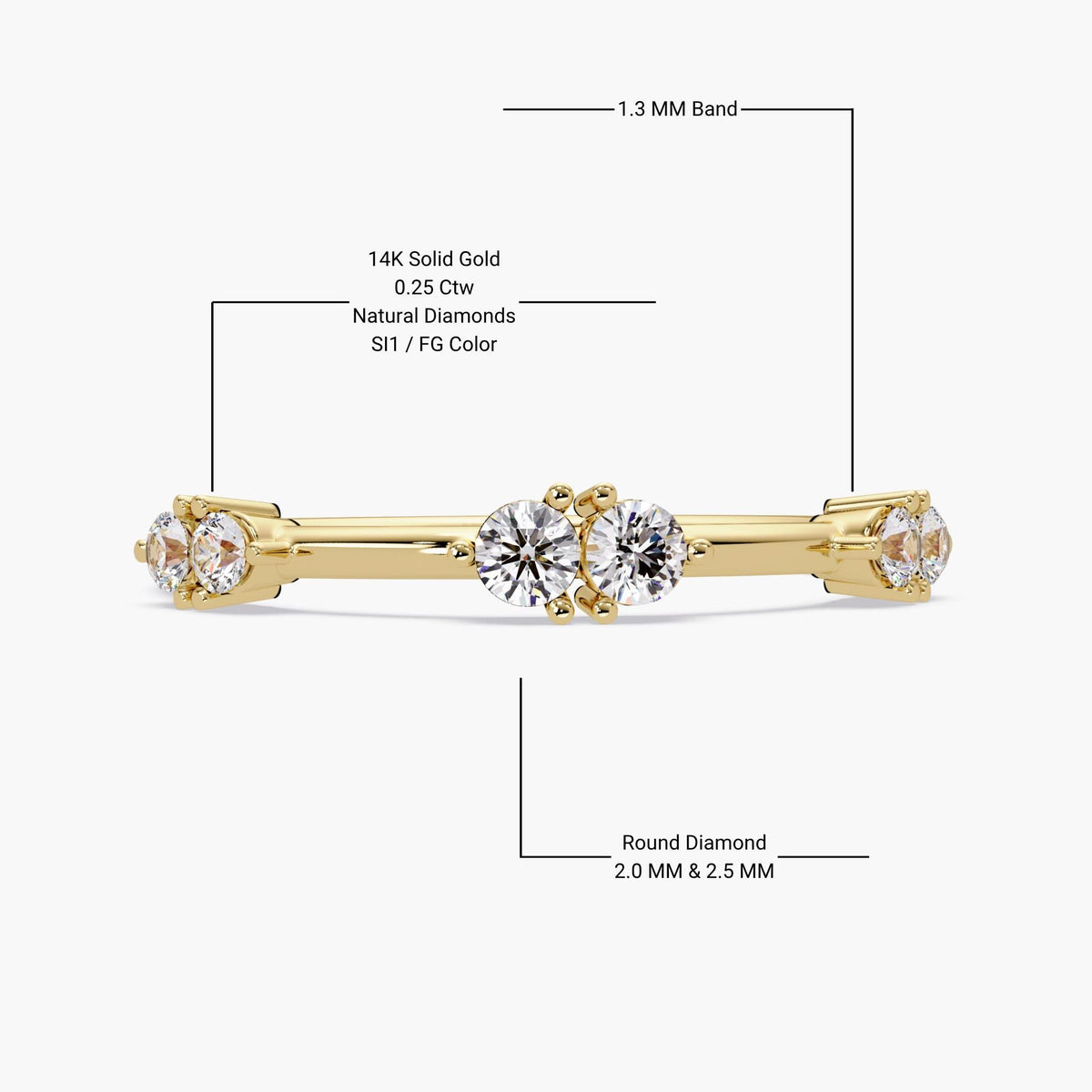14K yellow gold diamond ring. The band is 1.3mm wide and set with six round natural diamonds totaling 0.25 carats. Diamonds are SI1 clarity and FG color.