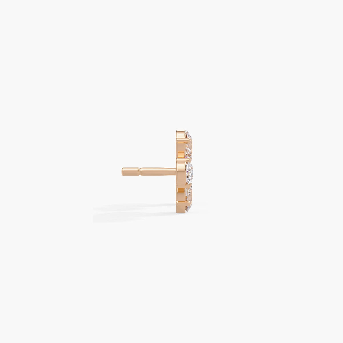 14K rose gold floral stud earring showing the post and secure four-prong setting. The dainty earring features lab-grown pear-cut diamonds arranged in a flower shape with a flat, low-profile back.