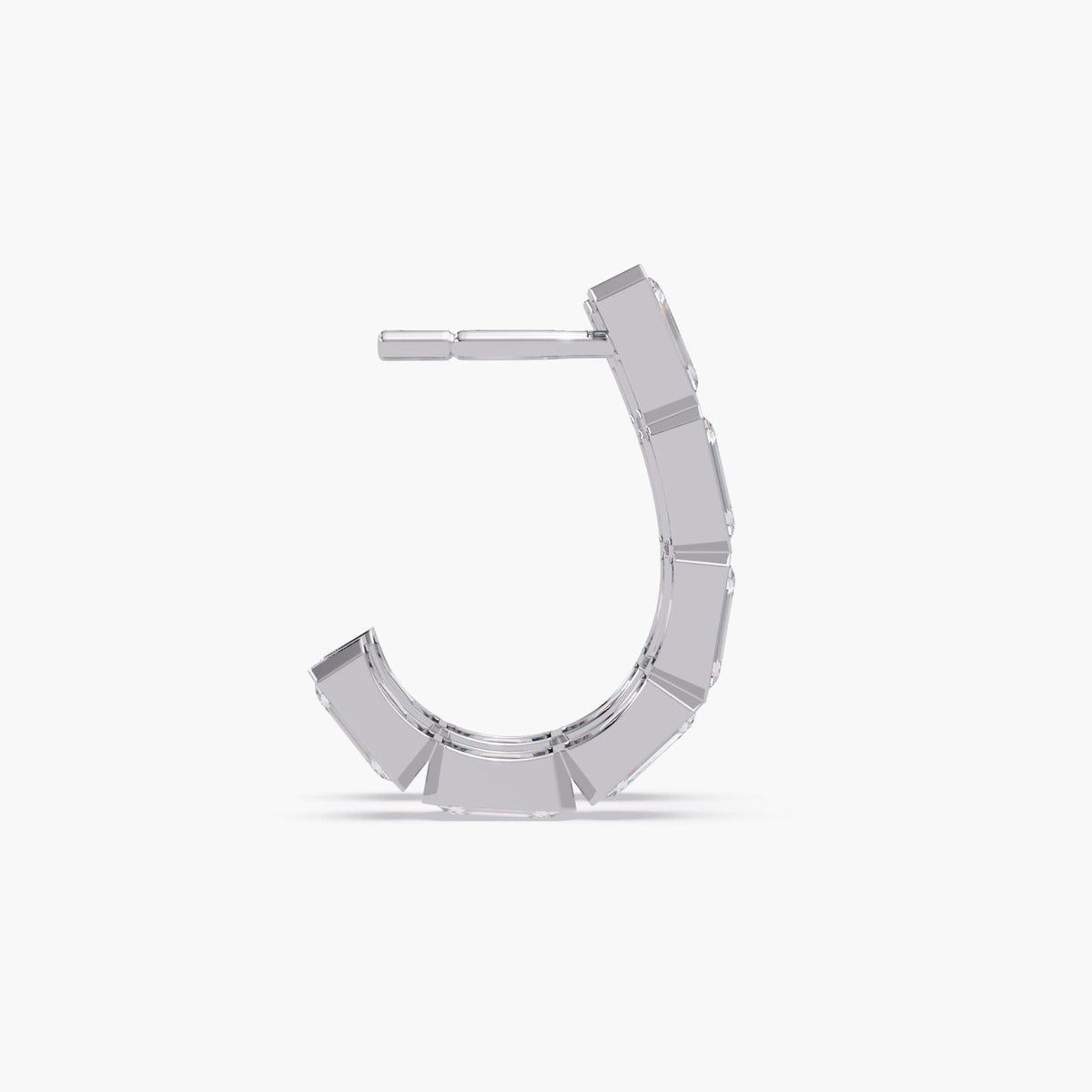 14K white gold J-hoop earring featuring a structured row of bezel-set emerald-cut diamonds.
