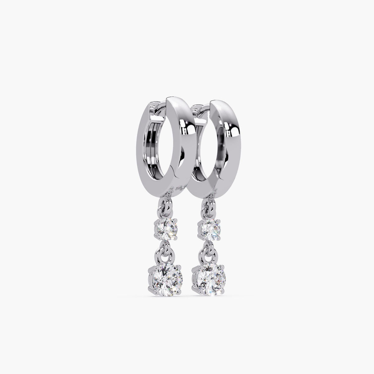 14K white gold huggie earrings with two natural round diamonds in drop design — minimalist style for everyday wear or gifting