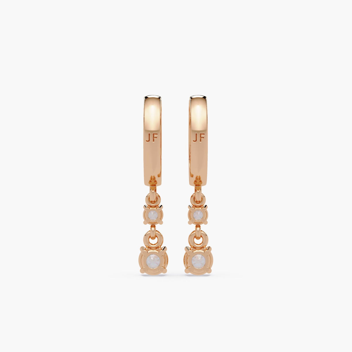 14K rose gold double diamond drop huggie earrings showing “JF” engraved on hoops