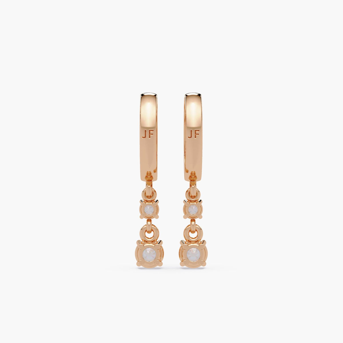 14K rose gold diamond drop huggie earrings with JF logo engraving and floral-inspired 4-prong basket settings