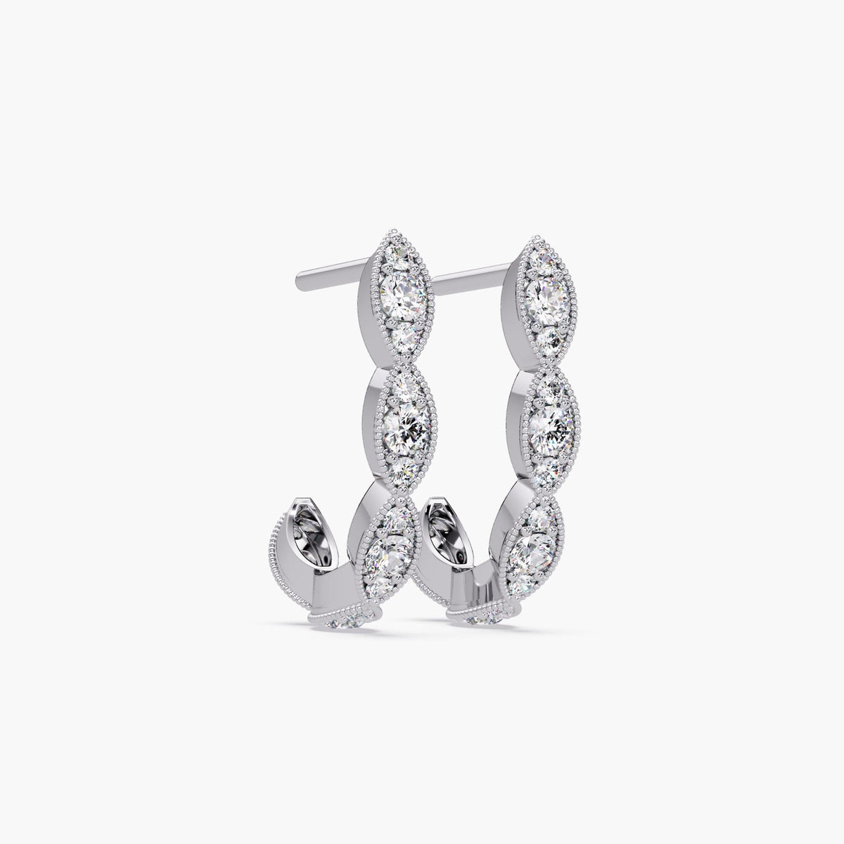 14K white gold J-hoop earrings featuring lab-created round diamonds in marquise-shaped settings with vintage milgrain accents.