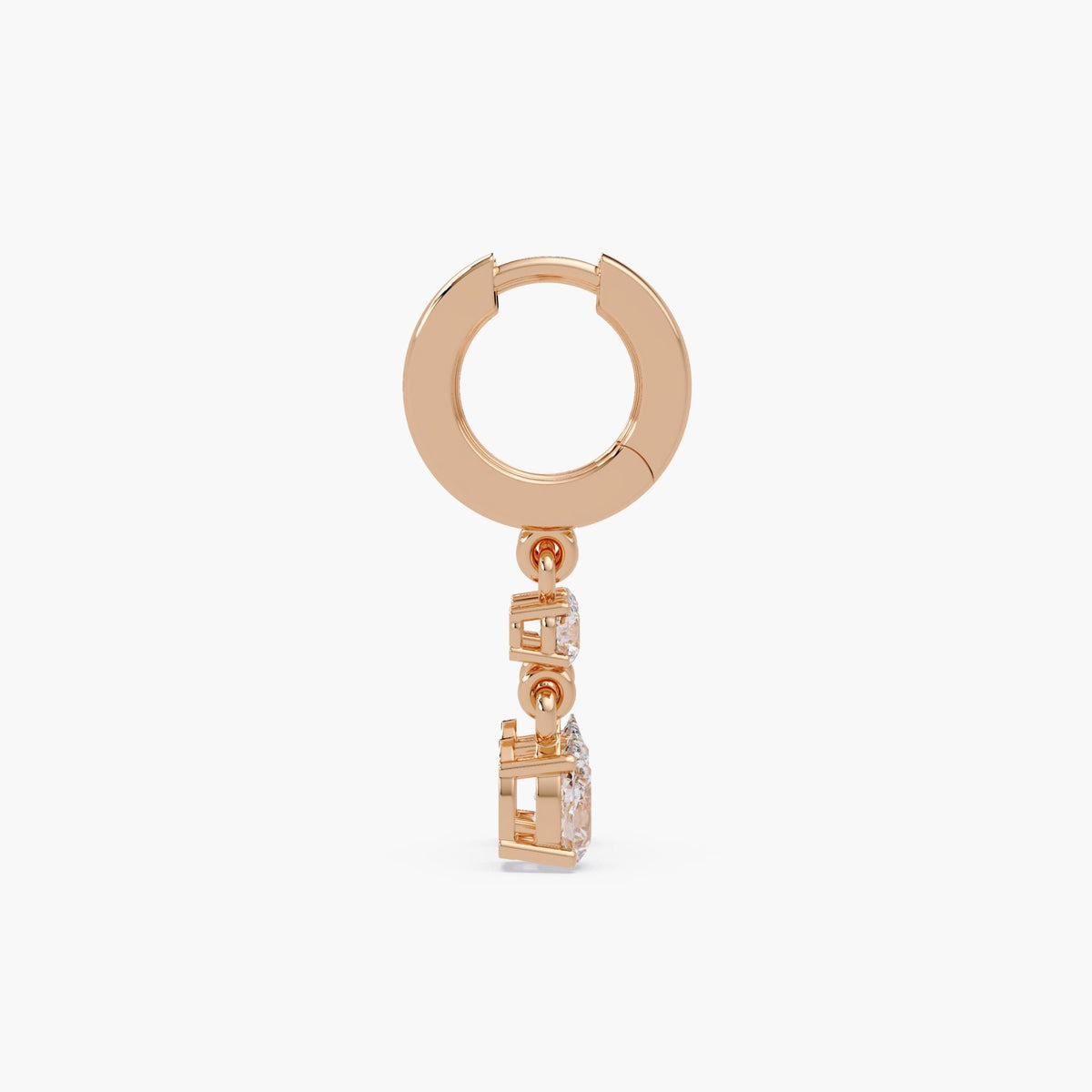 14K rose gold huggie earring featuring lab-grown round and pear-shaped diamonds in open prong basket settings. hinged hoop closure. Ideal for everyday wear or special occasion gifting.