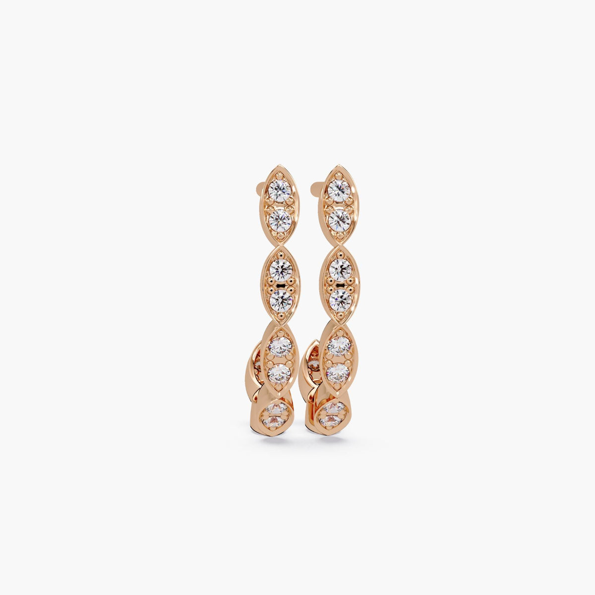 Pair of 14K rose gold huggie hoop earrings with marquise-shaped links, each pavé-set with round lab-grown diamonds.