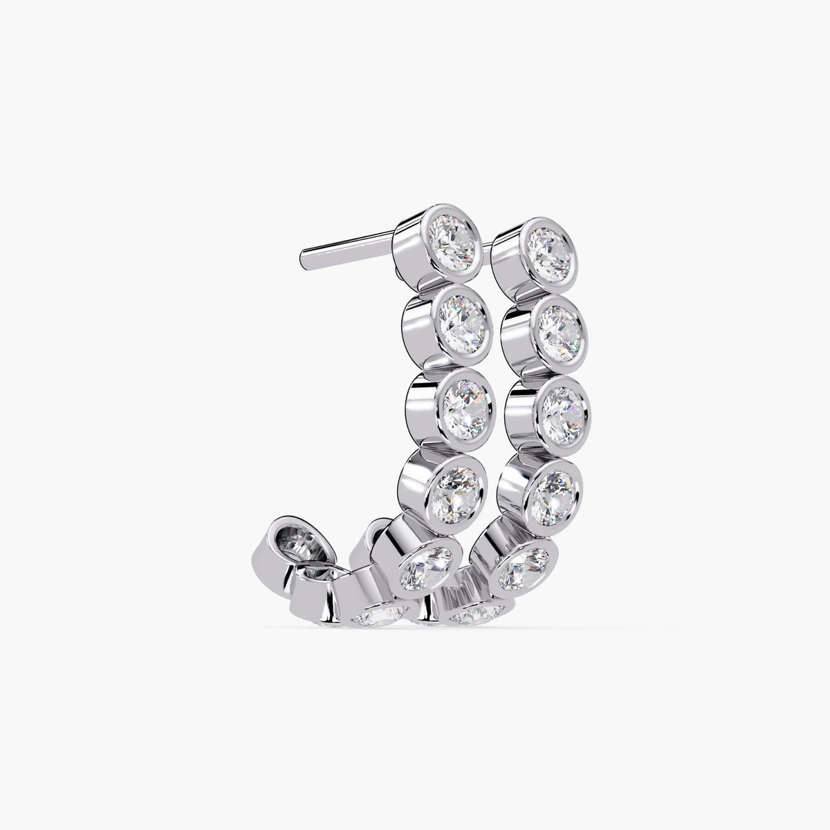 14K white gold bezel diamond J-hoop earrings with round lab-grown diamonds. Features a clean curve shape