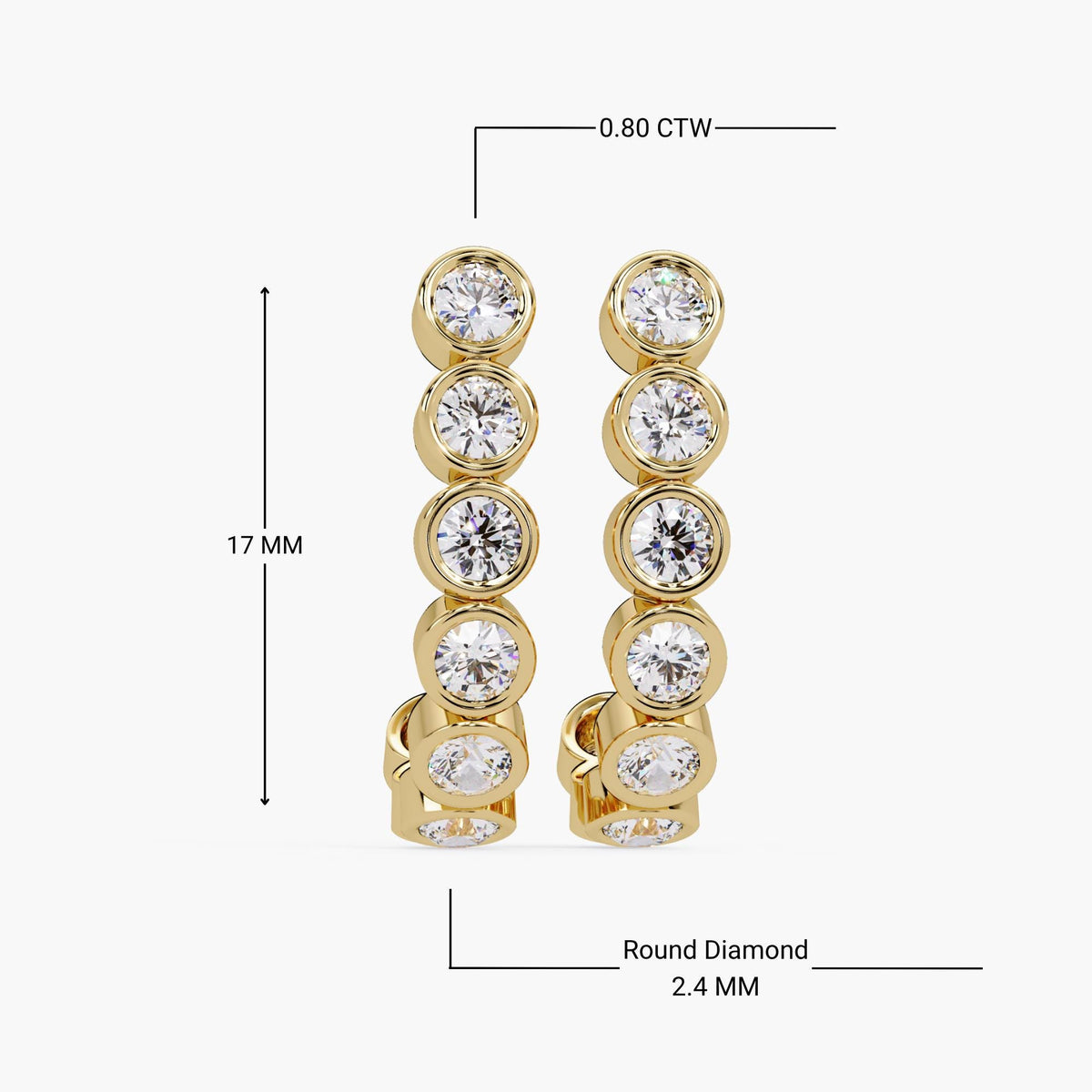 14K gold bezel-set J-hoop earrings featuring five 2.4MM round diamonds per earring. Total length is 17MM with 0.80 carat total weight, showcasing modern curved design and clean measurements.
