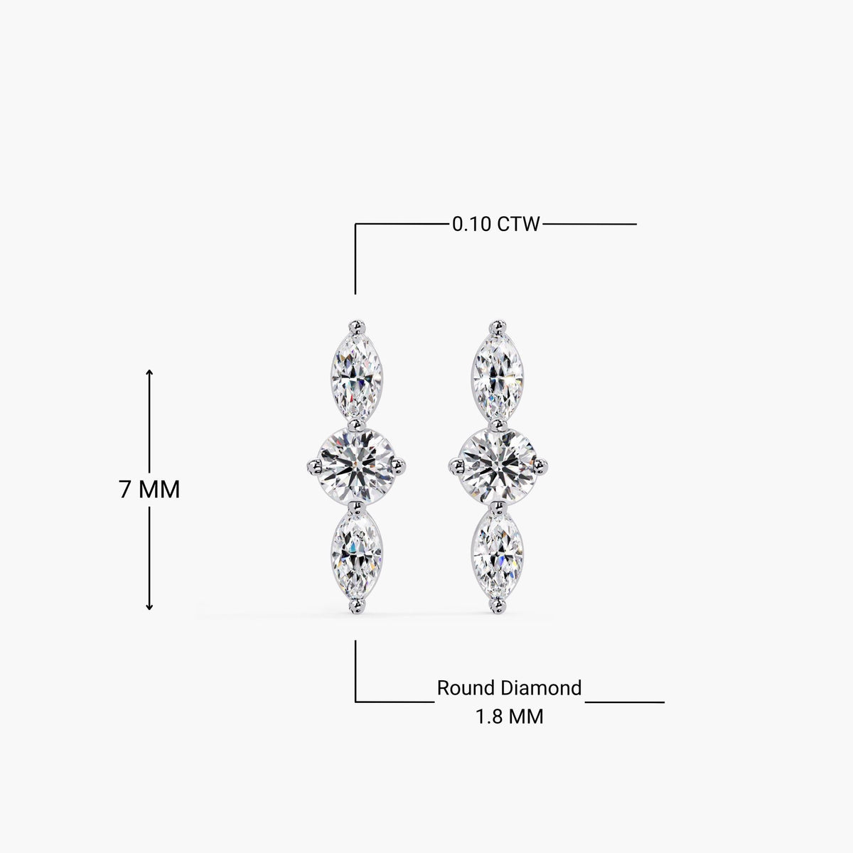 14K gold diamond stud earrings with a 7mm vertical height, 0.10 carat total weight, and a 1.8mm center round diamond flanked by two marquise diamonds.