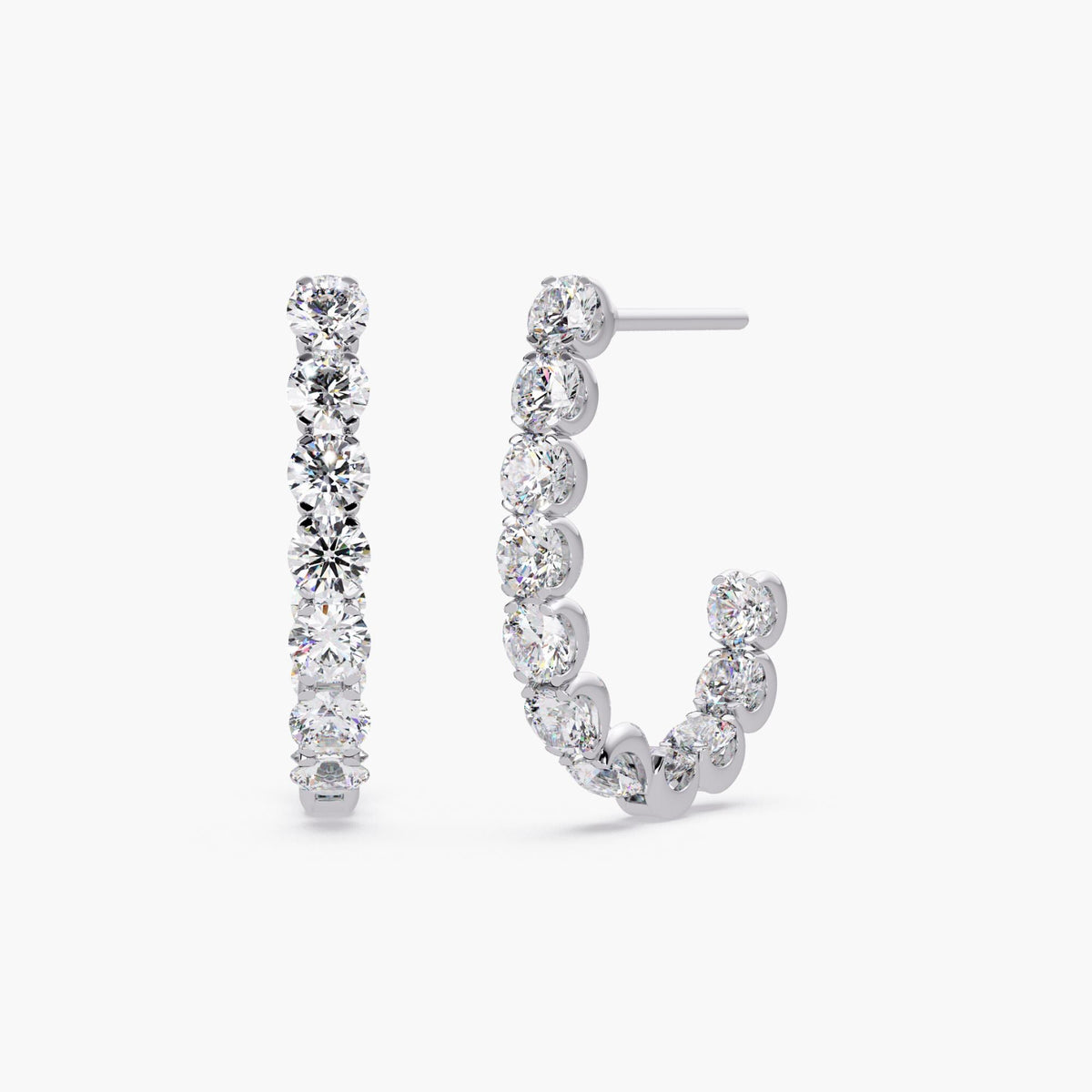 Pair of 14K white gold inside-out hoop earrings featuring round lab-grown diamonds in a prong setting, 20MM diameter with 3.2MM stones, front and side angle showing open J-hoop design and high-polish finish.