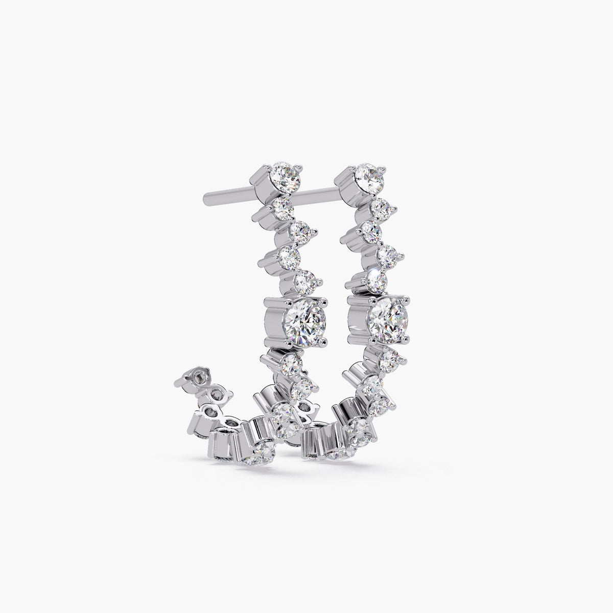 14K white gold diamond cluster J-hoop earrings with round lab-grown diamonds in prong setting, elegant 16MM half hoop design for everyday wear or gifting.