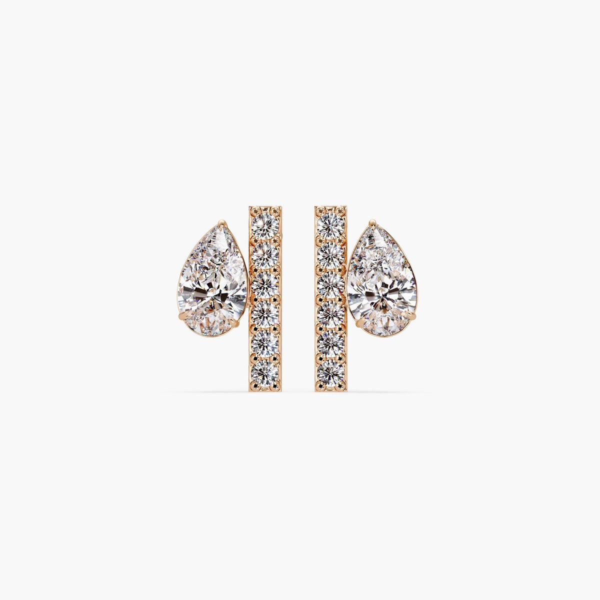 14K rose gold diamond bar stud earrings with pear and round lab-grown diamonds, 8MM pavé bar design, elegant minimalist studs for anniversaries, bridal, or everyday wear