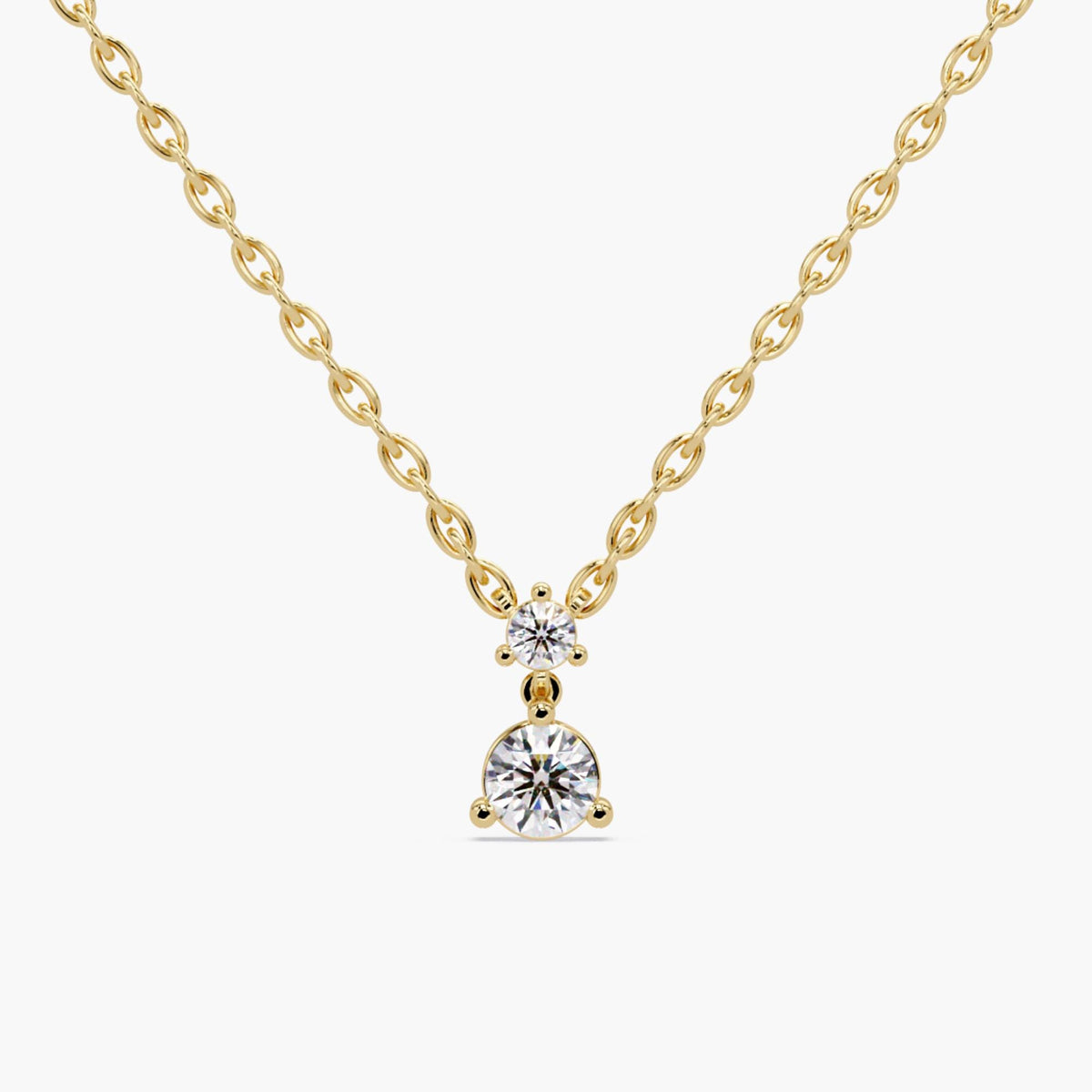 14K yellow gold diamond drop necklace with two lab-grown round diamonds in floating pendant design
