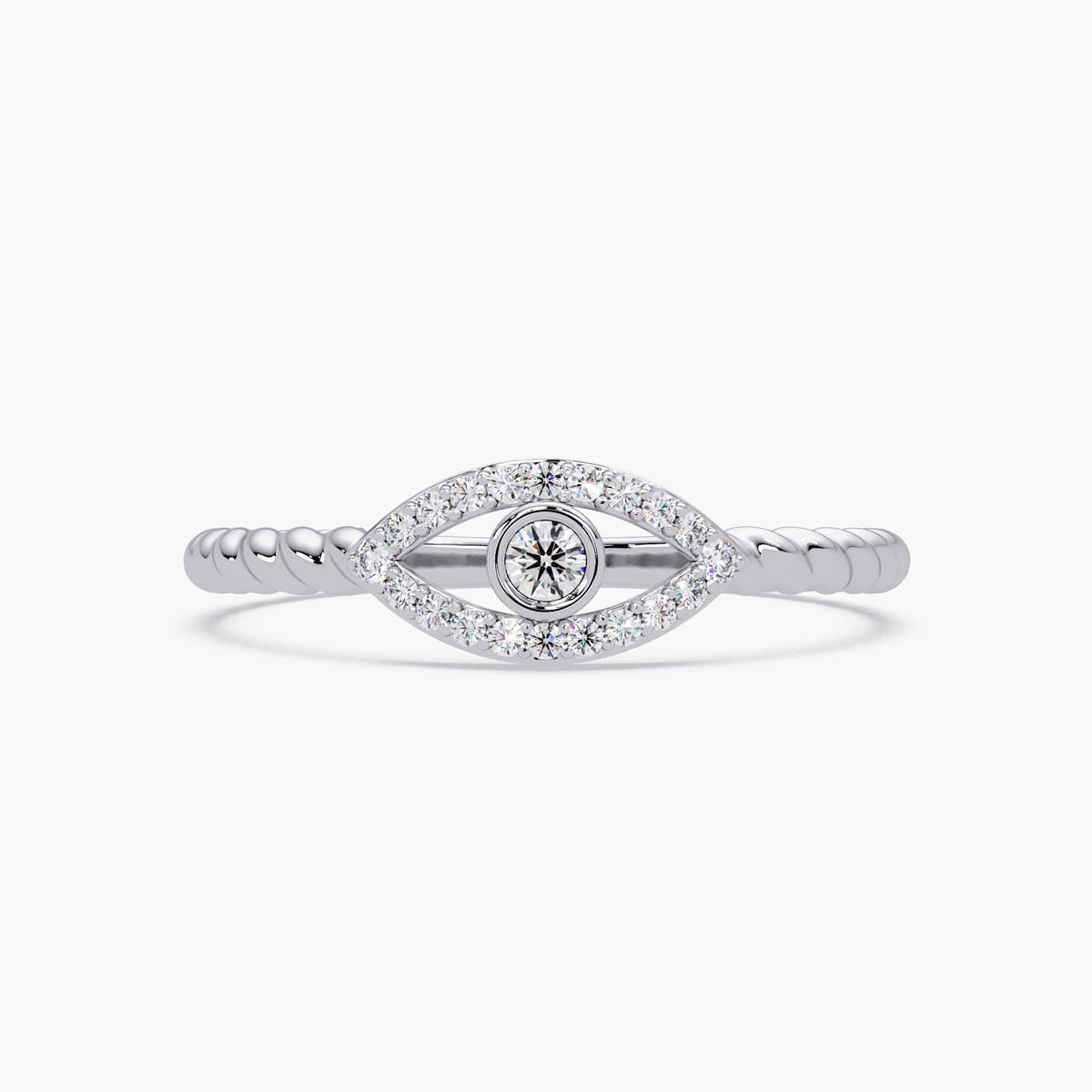 14K white gold evil eye diamond ring with protective eye design and rope-inspired band