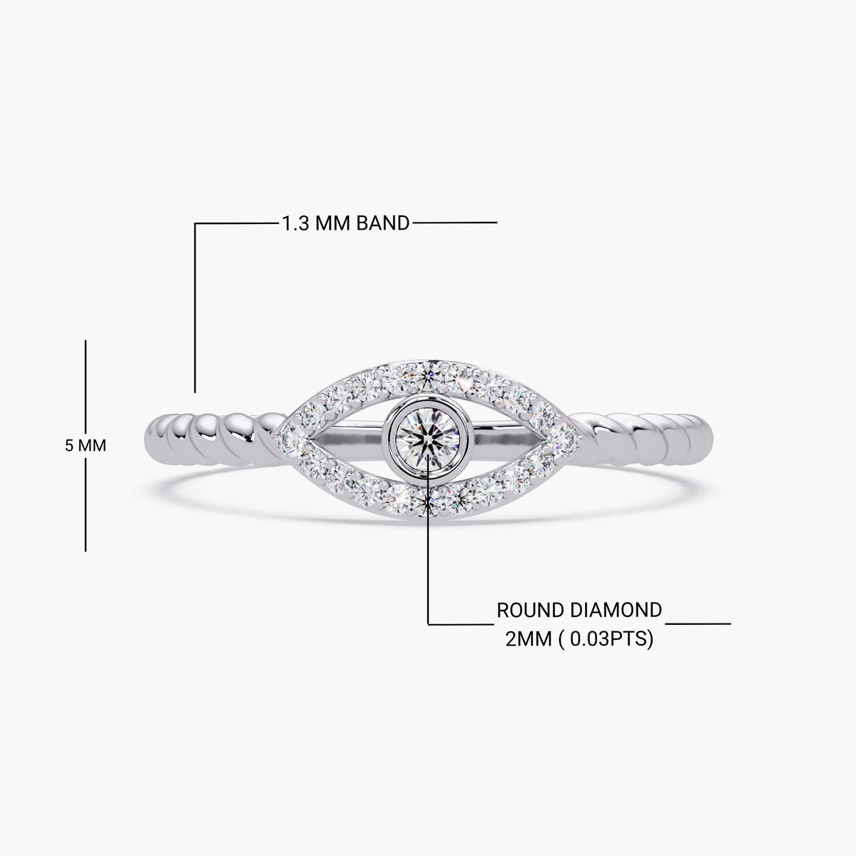 Evil eye diamond ring measurements with 1.3mm twisted band and 5mm halo design