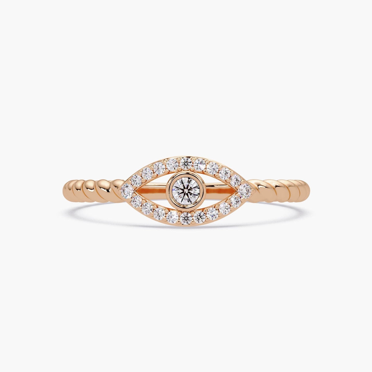 14K rose gold evil eye ring with bezel-set diamond center and pavé diamond accents