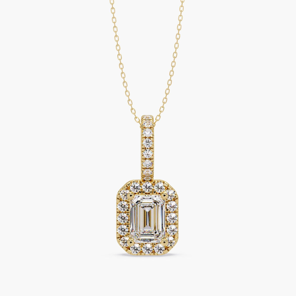 14K yellow gold pendant necklace with emerald cut diamond center and round halo diamonds on pavé bail, dainty cable chain