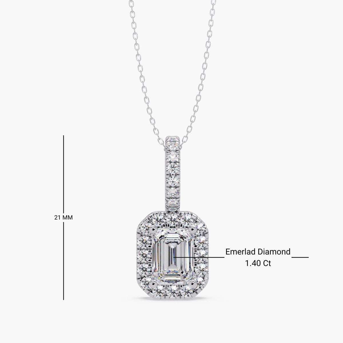 14K white gold emerald cut diamond halo pendant with pavé bail, 1.40 carat center stone, 21mm pendant height with chain