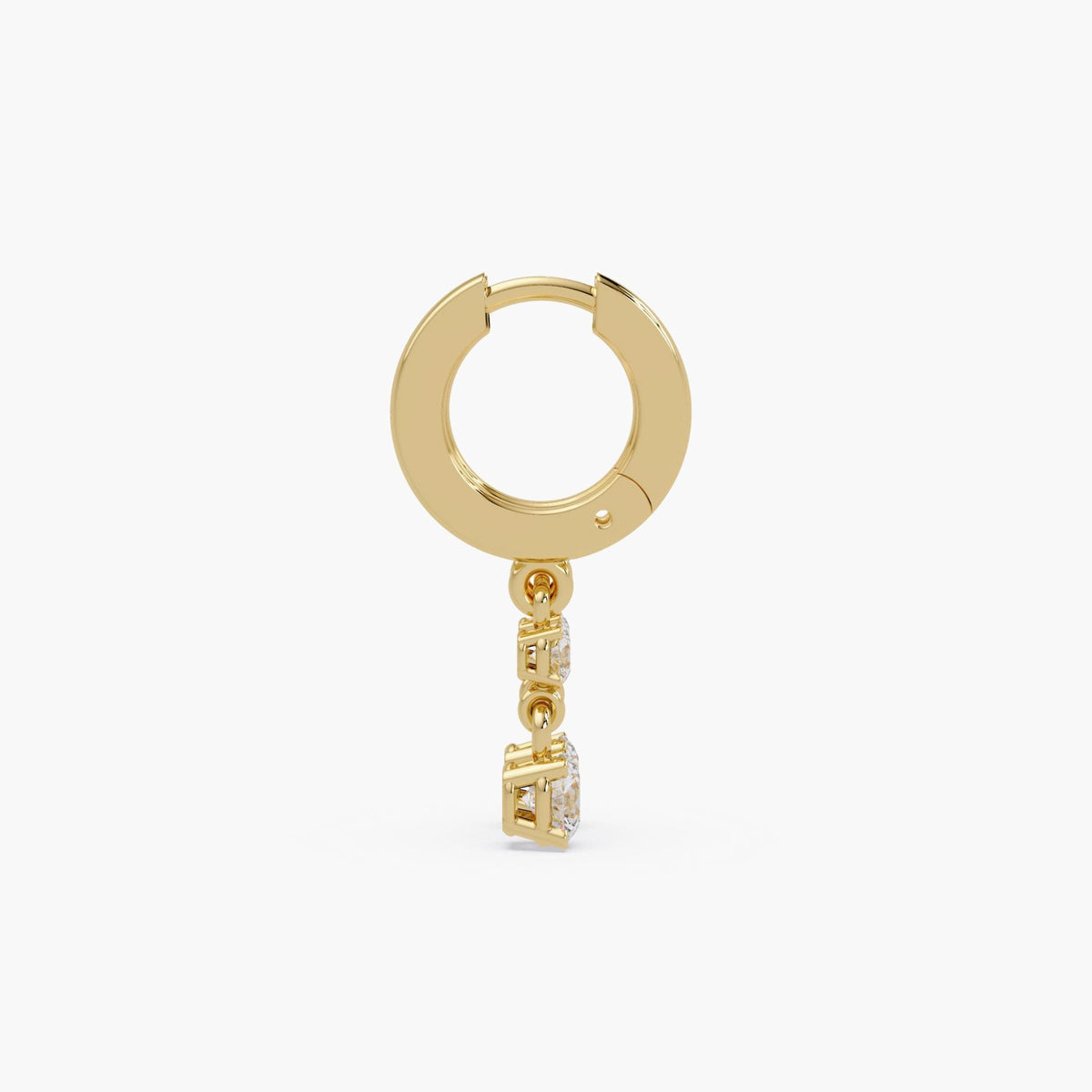 14K gold hinged huggie earring with two natural round diamonds in secure 4-prong settings and drop design