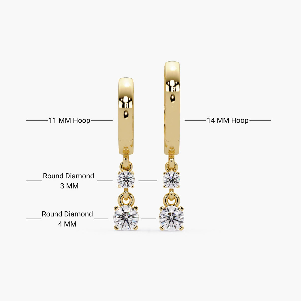 14K gold diamond drop huggie earrings showing size comparison; one with 11mm hoop and one with 14mm hoop, each with 3mm and 4mm round lab-grown diamonds