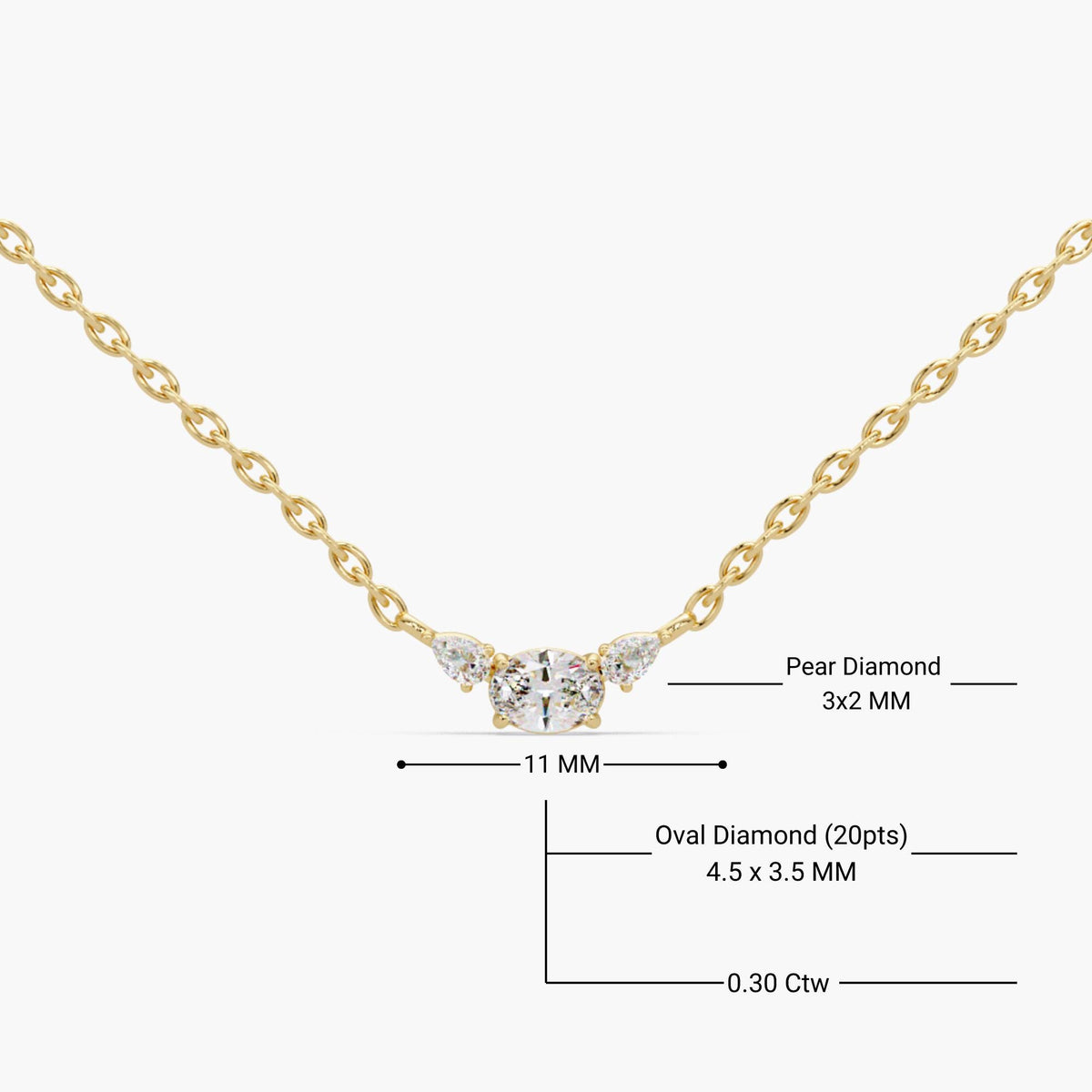 14K yellow gold three stone necklace with oval lab-grown diamond center 4.5x3.5mm and pear side diamonds 3x2mm, total 0.30 carats, dainty bridal pendant perfect for everyday layering or anniversary gift.