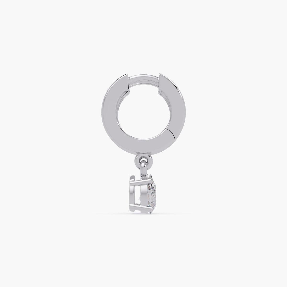 14K white gold huggie earring with a prong-set pear-shaped lab-grown diamond drop.