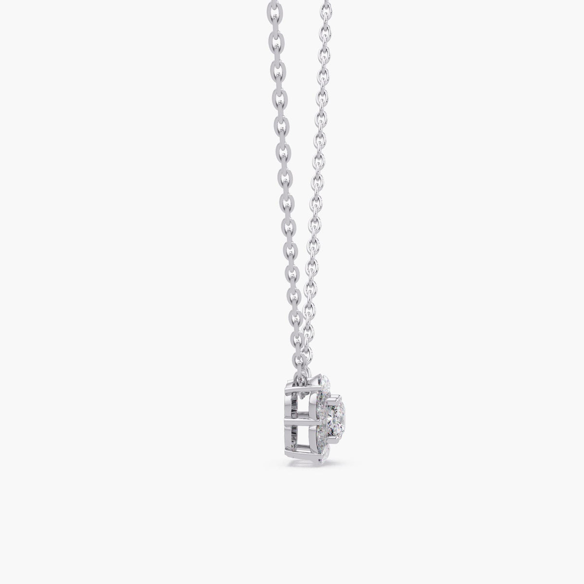 14K gold cushion cut diamond pendant necklace featuring a certified 1 carat IGI lab diamond framed by pear-shaped lab-grown diamonds in a vintage-inspired halo. A timeless Art Deco design perfect for milestone gifting or modern heirlooms.