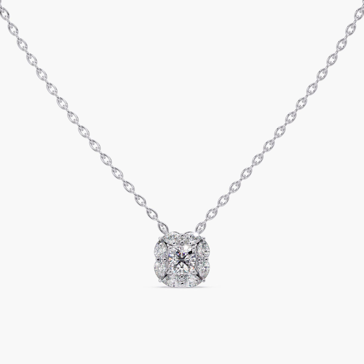 14k White gold cushion halo diamond pendant with certified 1 carat IGI lab-grown diamond and pear-shaped accents — vintage-inspired Art Deco necklace in 14K gold, perfect bridal jewelry or milestone gift