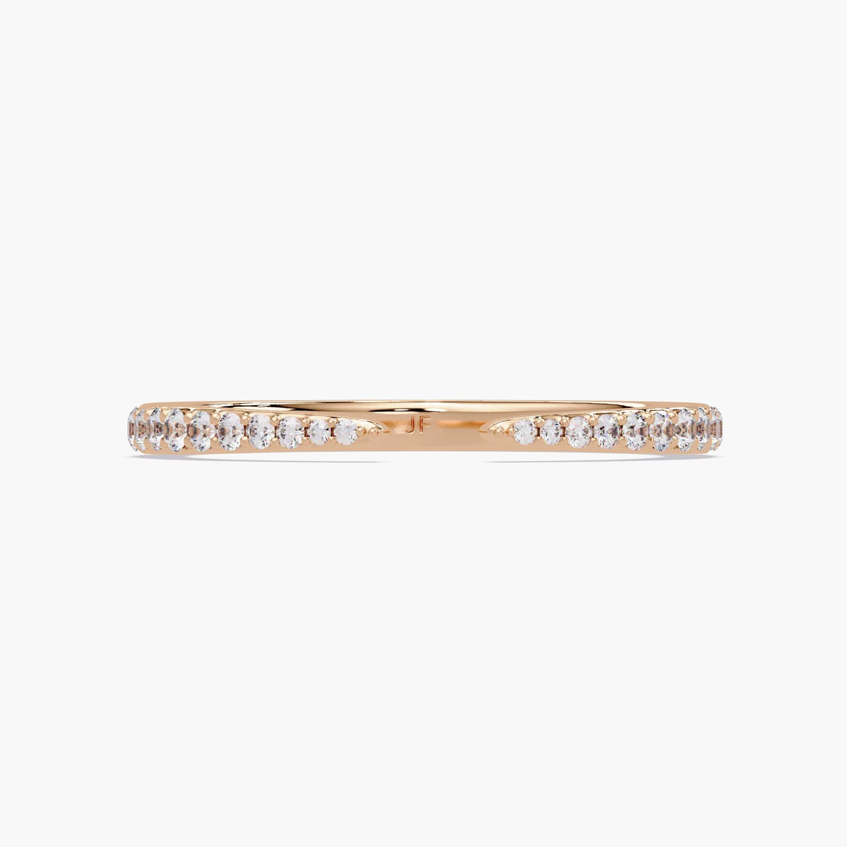 14K rose gold open band ring with natural pavé-set round diamonds, slim cuff style band featuring delicate sparkle across the top, modern minimalist wedding band or stackable fine jewelry ring, timeless everyday gift for her.
