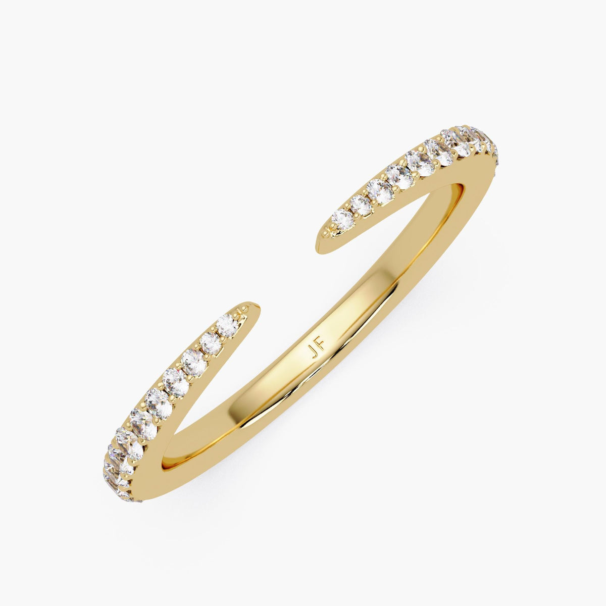 14K yellow gold open band ring featuring genuine natural round diamonds in a pavé claw setting, modern cuff ring design with slim silhouette and JF hallmark engraving, elegant fine jewelry for stacking, minimalist wedding band, or everyday luxury gift for her.