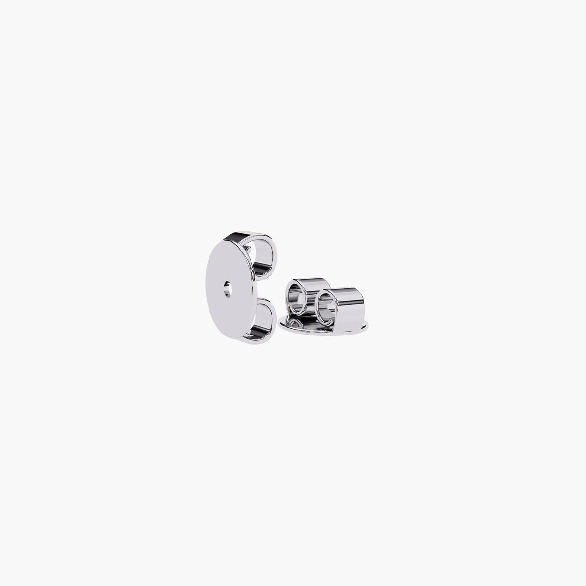 Polished push-back earring closures in white gold, designed for secure and comfortable wear with fine diamond studs.