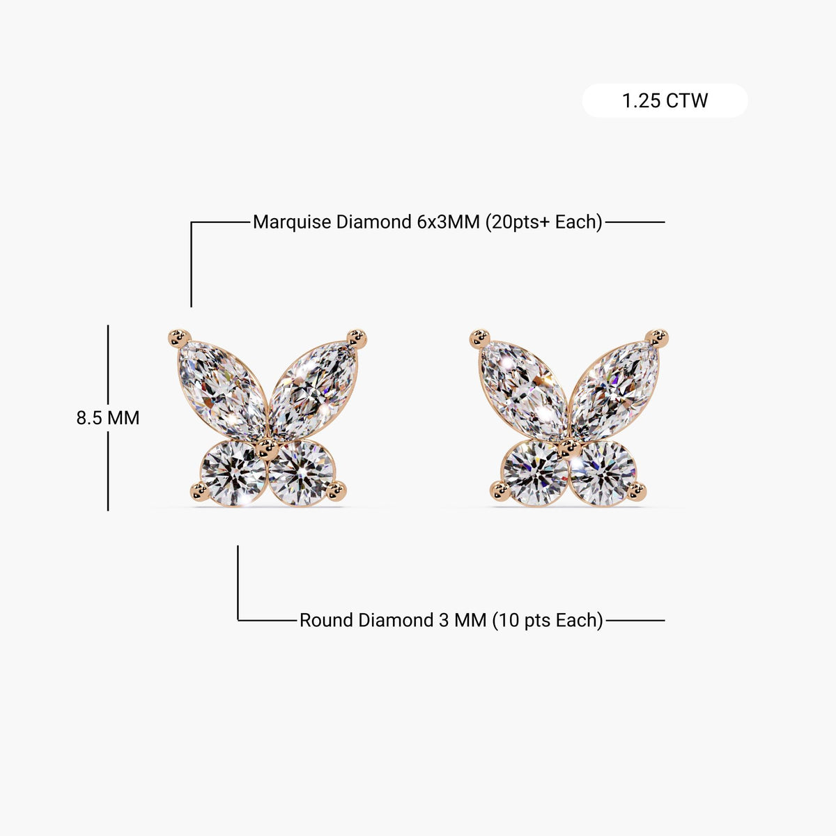 14K gold butterfly diamond earrings labeled with dimensions, featuring 6x3mm marquise and 3mm round lab-grown diamonds in a floral four-stone design with 1.25 carats total weight.