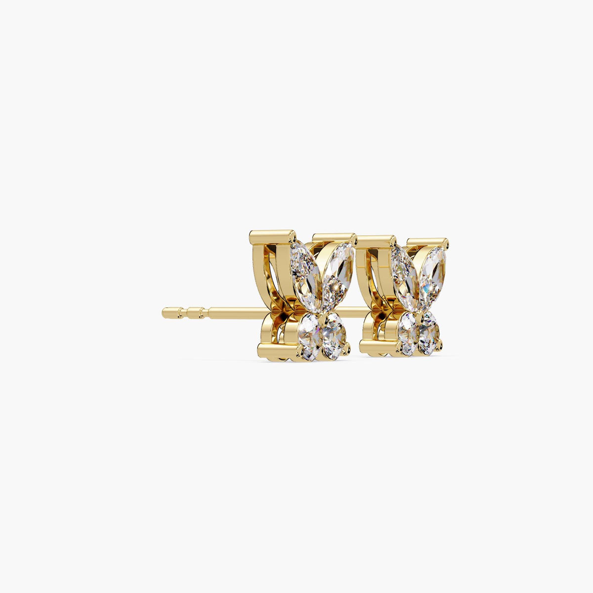 14K yellow gold butterfly diamond earrings with marquise and round lab-grown diamonds, shown in profile to highlight sculptural collet setting and elegant craftsmanship.