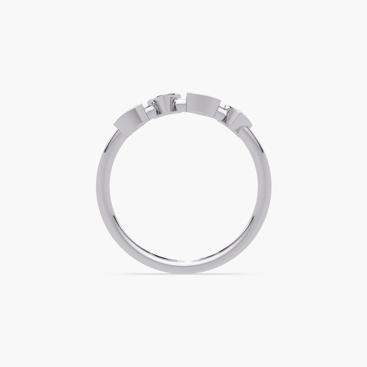 14K white gold ring featuring four round lab-grown diamonds, each set in a bezel-style triangular motif. The diamonds are set along a slim polished band, showcasing the ring’s profile and clean modern craftsmanship.